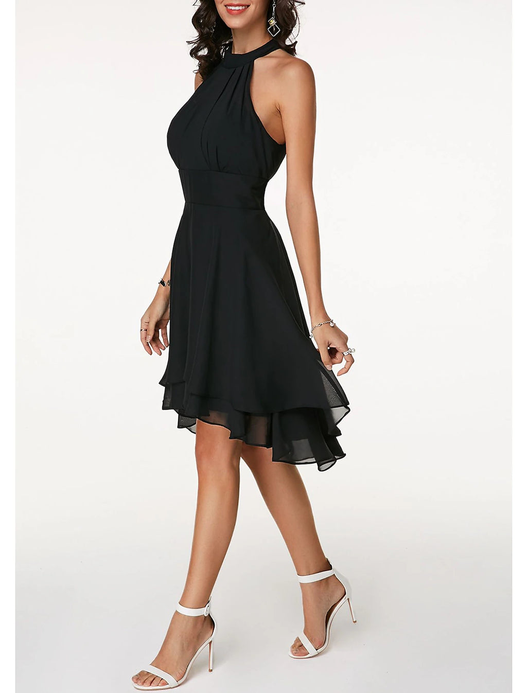 Abito da cocktail a trapezio con vita alta, scollo all'americana, schiena a V, per fidanzamento, ballo semi-formale, senza maniche, lunghezza al ginocchio, in chiffon con balza elegante