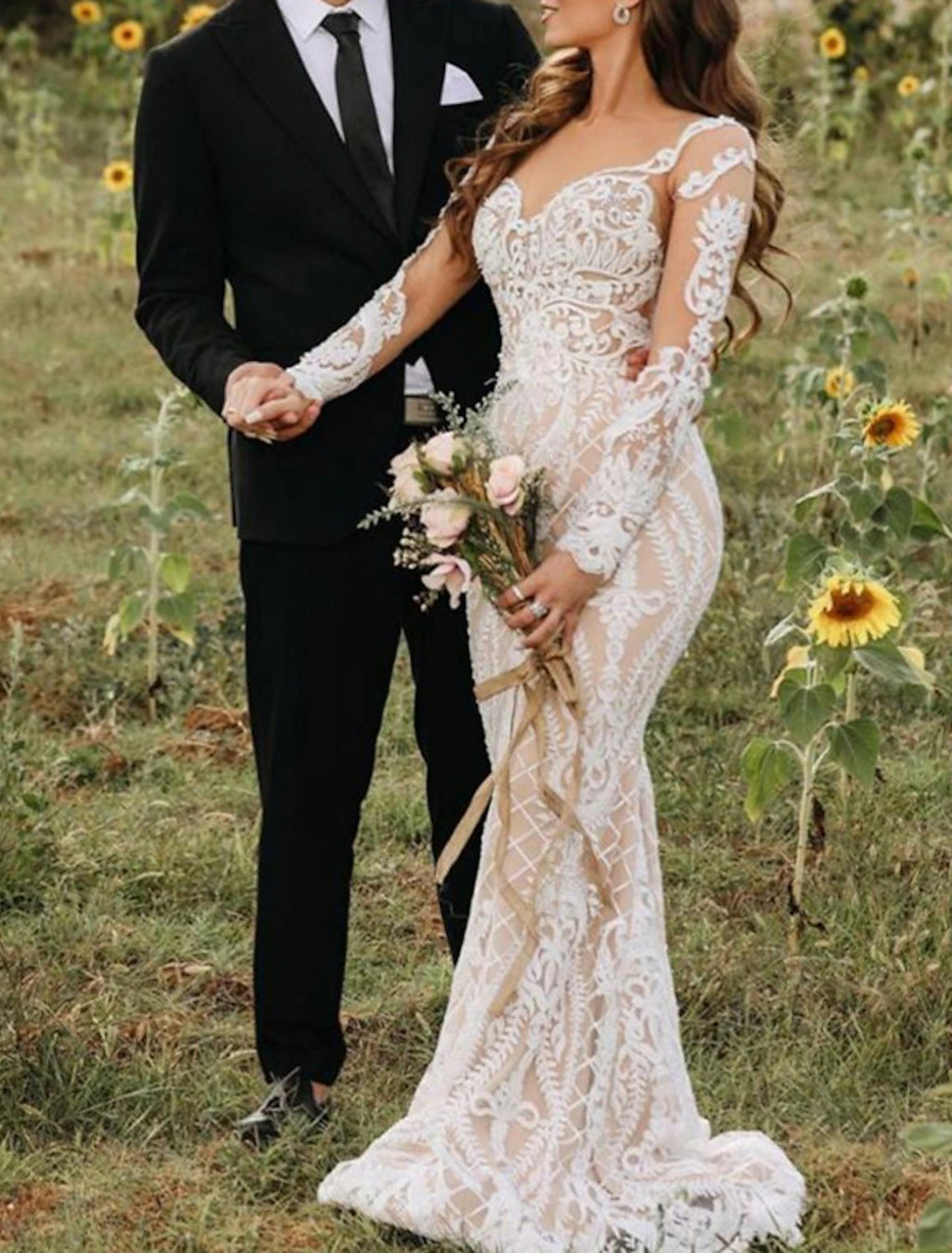 Ivory Lace Mermaid Floor-Length Sweetheart Gown with Long Illusion Sleeves