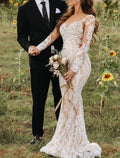 Ivory Lace Mermaid Floor-Length Sweetheart Gown with Long Illusion Sleeves