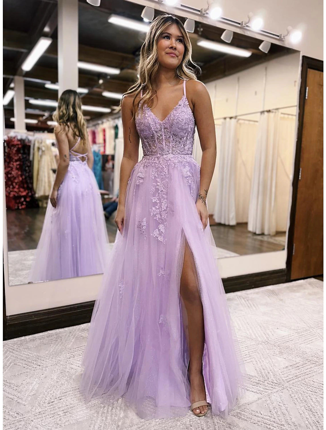 Lavender Tulle A-Line Floor-Length Dress with Lace Appliques and High Slit for Prom & Evening Party
