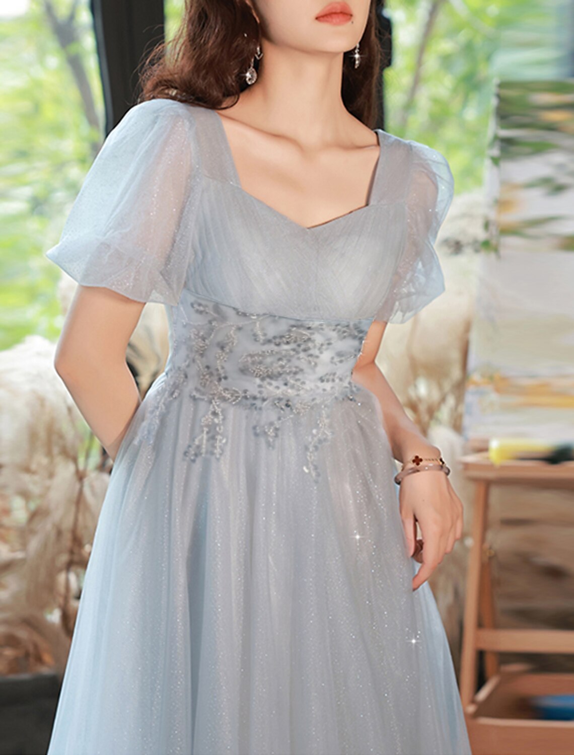 Abito da sera a trapezio, scintillante e brillante, abito da festa per San Valentino, lunghezza al pavimento, manica corta, scollo a cuore, tulle con perline e strati