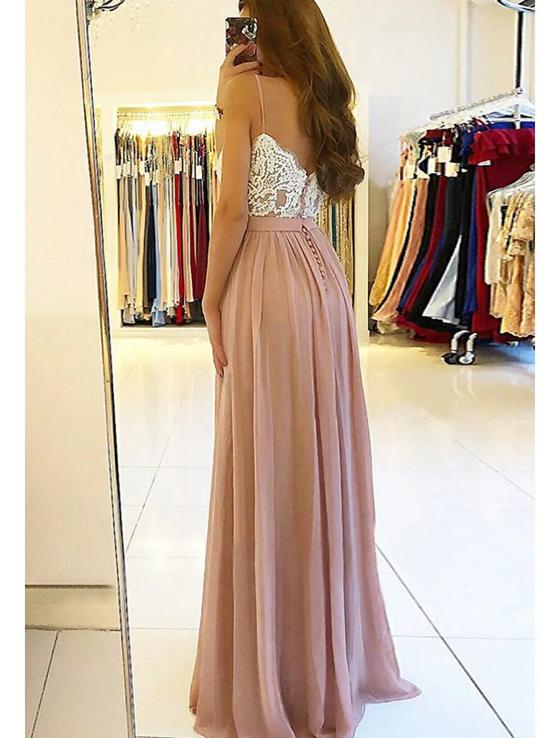 Dusty Rose Chiffon A-Line Floor-Length Bridesmaid Dress with Sweetheart Lace Bodice