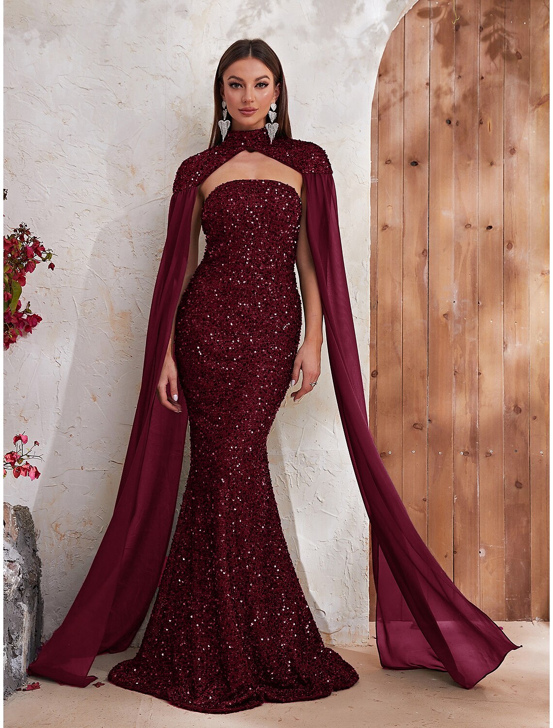 Vestido de noche de sirena/trompeta, sin espalda, formal, para recepción de boda, con cola larga/cepillo, sin mangas, cuello alto, capas con lentejuelas
