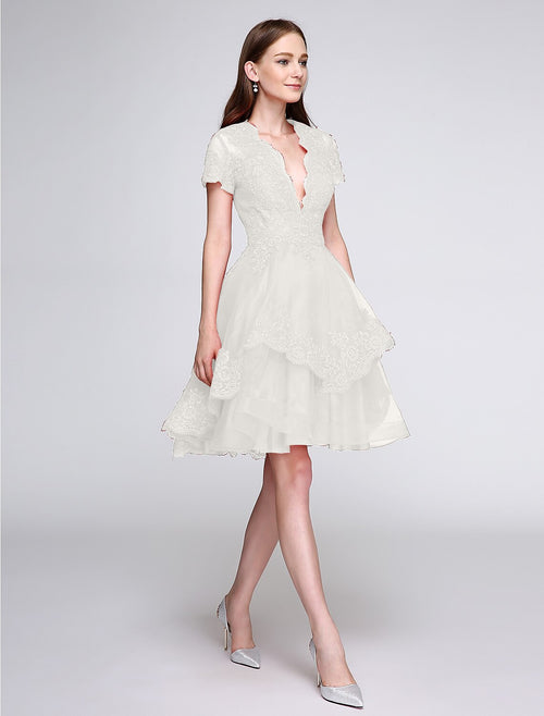 Vestido de fiesta, bonito vestido de cóctel, fiesta de graduación, largo hasta la rodilla, manga corta, escote pronunciado, organza con botones y apliques 2025