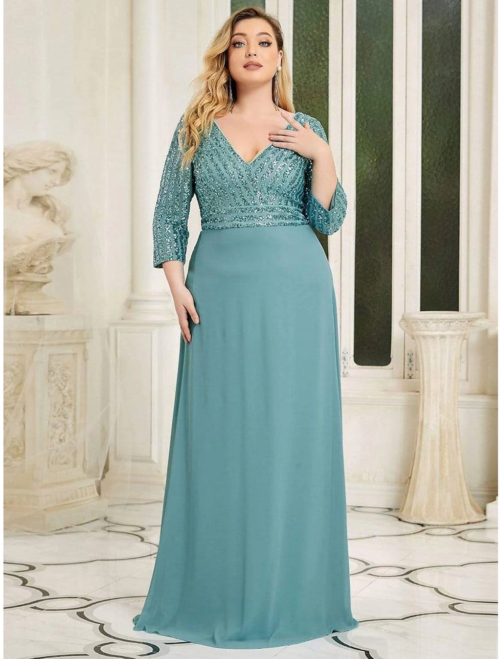 Teal Sequin & Chiffon A-Line V-Neck Floor-Length Gown