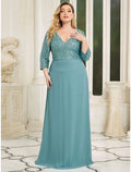 Teal Sequin & Chiffon A-Line V-Neck Floor-Length Gown