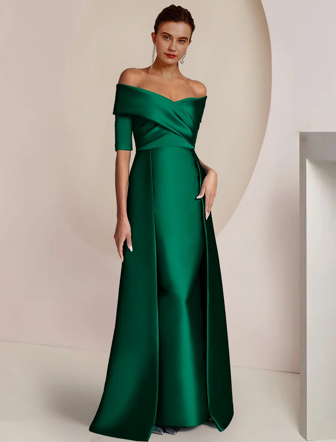 Emerald Green Satin Off-the-Shoulder A-Line Floor-Length Evening Dress