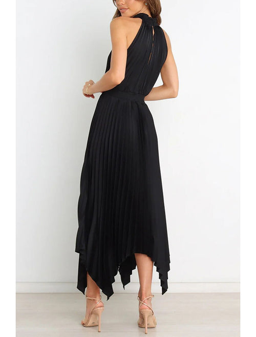 Vestidos de fiesta de corte A, vestido informal, para invitados de boda, asimétrico, sin mangas, cuello halter, satén con pliegues