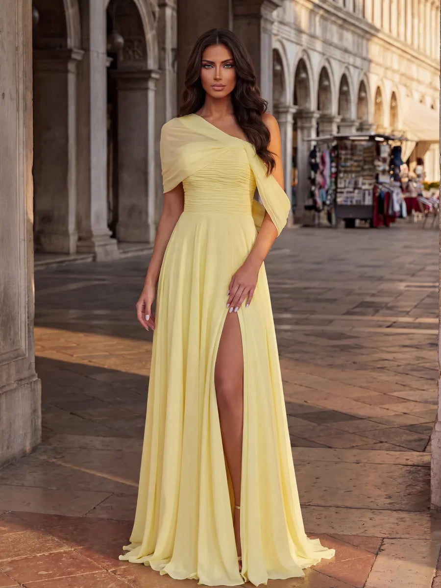 Lemon Chiffon A-Line One Shoulder Back Zip Floor-Length Dress - Jimiss