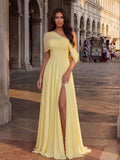 Lemon Chiffon A-Line One Shoulder Back Zip Floor-Length Dress - Jimiss