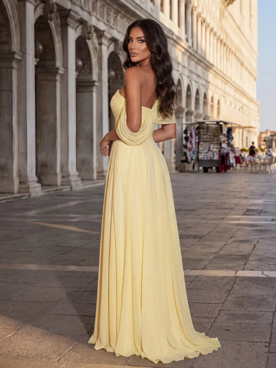 Lemon Chiffon A-Line One Shoulder Back Zip Floor-Length Dress - Jimiss