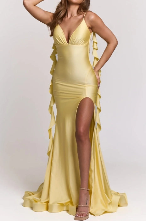 Lemon Yellow Satin Mermaid Plunging V-Neck Open Back Floor Length Dress - Jimiss