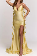 Lemon Yellow Satin Mermaid Plunging V-Neck Open Back Floor Length Dress - Jimiss