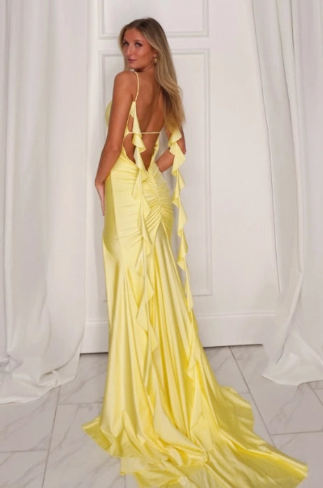 Lemon Yellow Satin Mermaid Plunging V-Neck Open Back Floor Length Dress - Jimiss