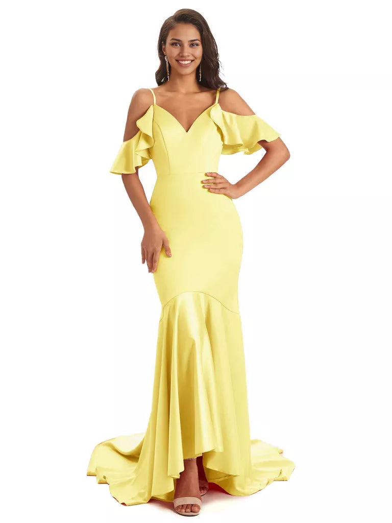 Soft Satin Asymmetric Spaghetti Straps Sleeveless Mermaid Cold Shoulder Bridesmaid Dresses