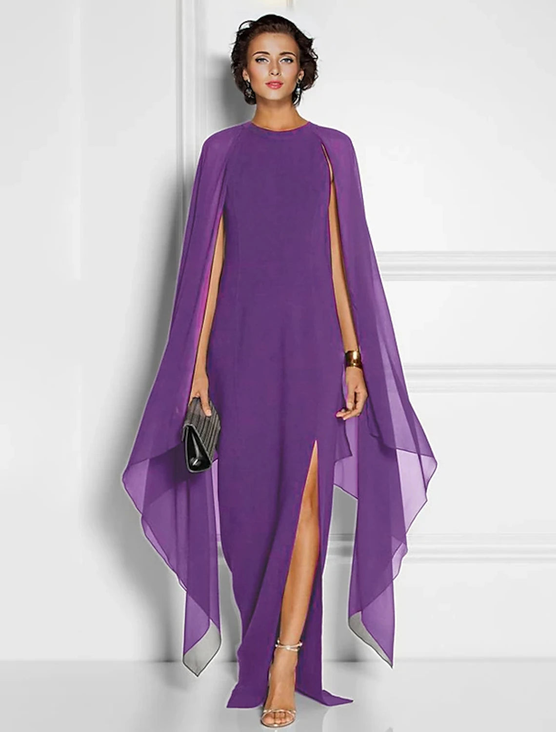 Black Crepe Sheath/column Floor-Length Evening Dress with Cape Sleeves and High Slit