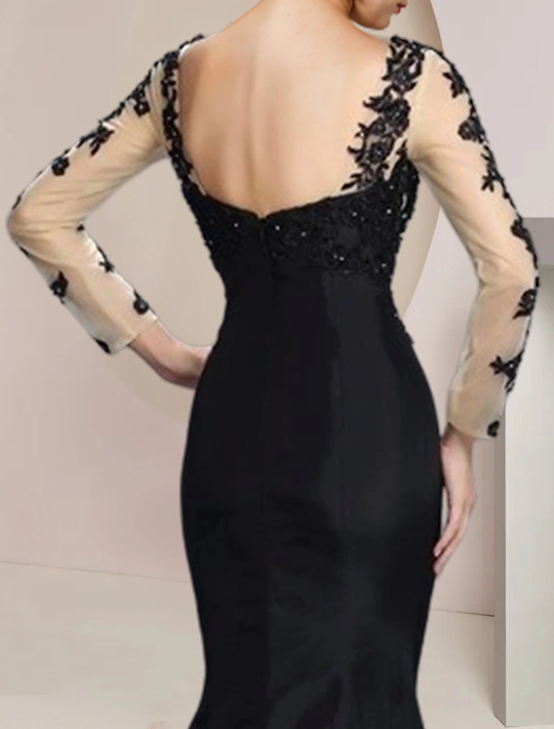 Vestido de sirena/trompeta para madre de la novia, formal, para invitados a la boda, elegante, con escote joya, largo hasta el suelo, de satén, con encaje y manga larga con apliques