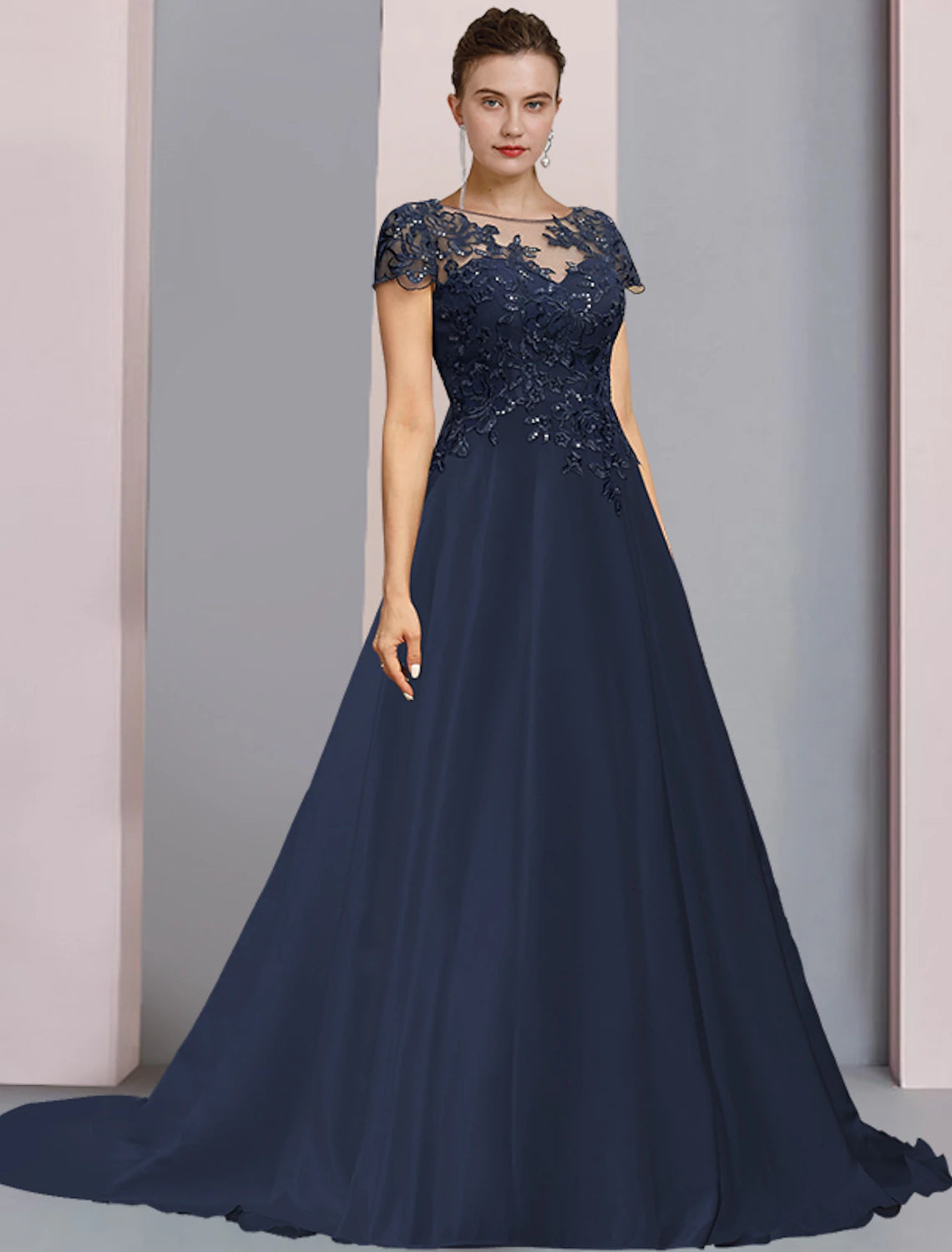 Dark Navy Chiffon A-Line Floor-Length Evening Dress | Lace & Illusion Neck