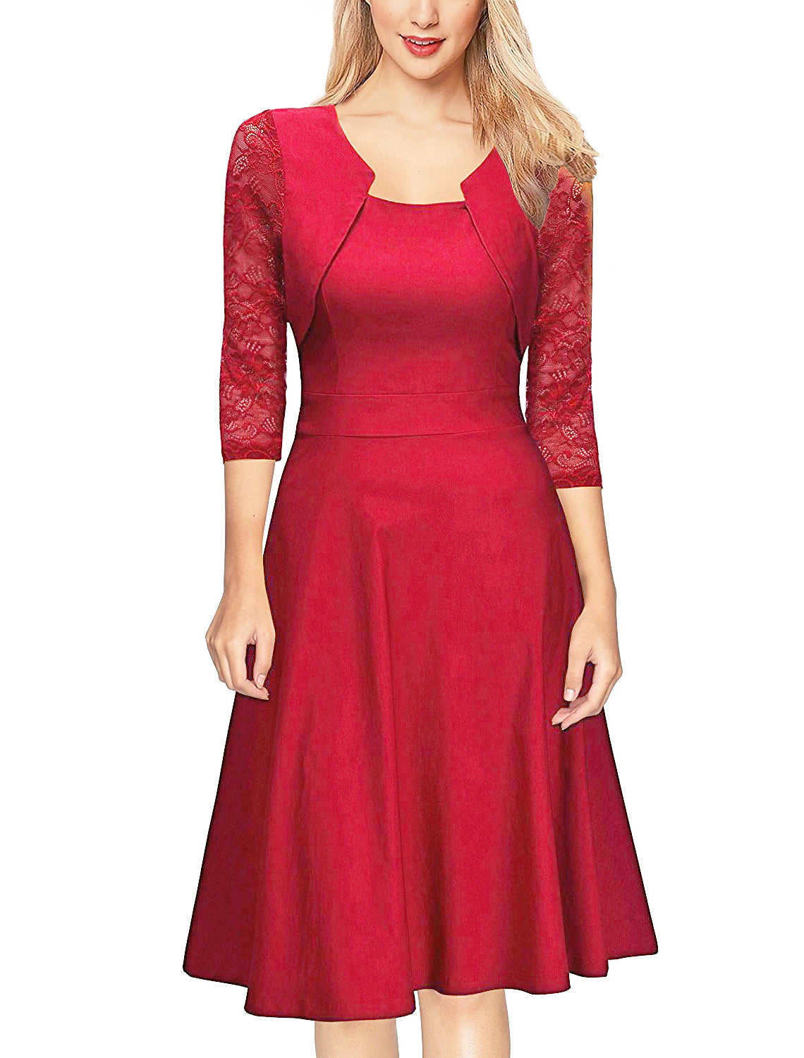 Vestidos de cóctel de corte A, elegantes vestidos de fiesta, vestidos de cóctel hasta la rodilla, mangas 3/4, cuello joya, para invitados de boda de otoño, de algodón con volantes