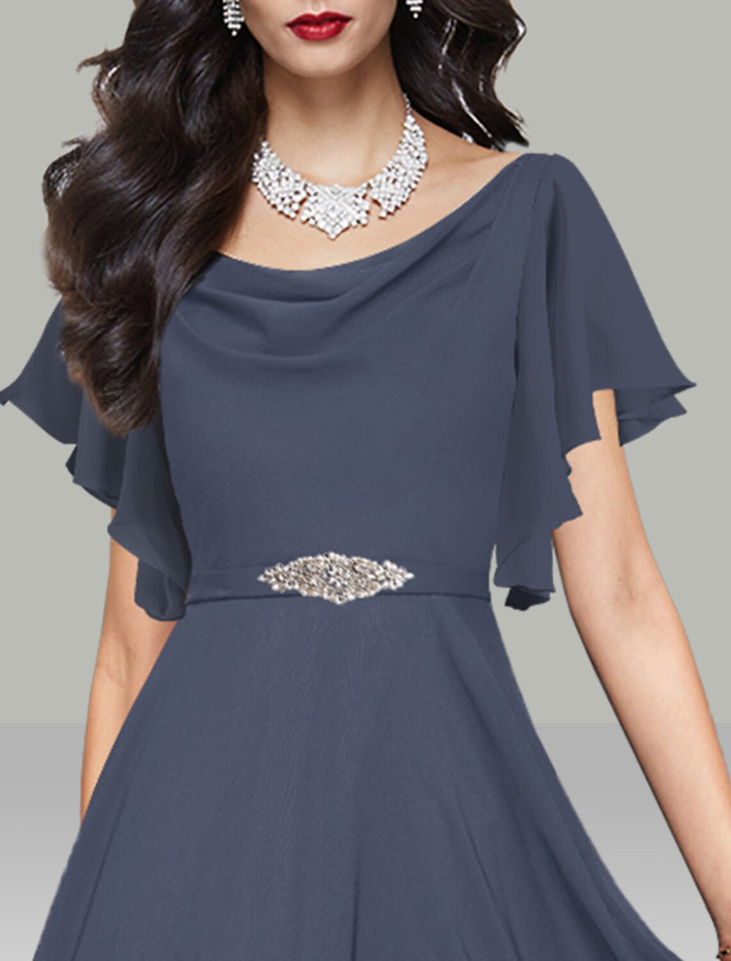 Slate Blue Chiffon Cowl Neck A-Line Tea-Length Bridesmaid Dress
