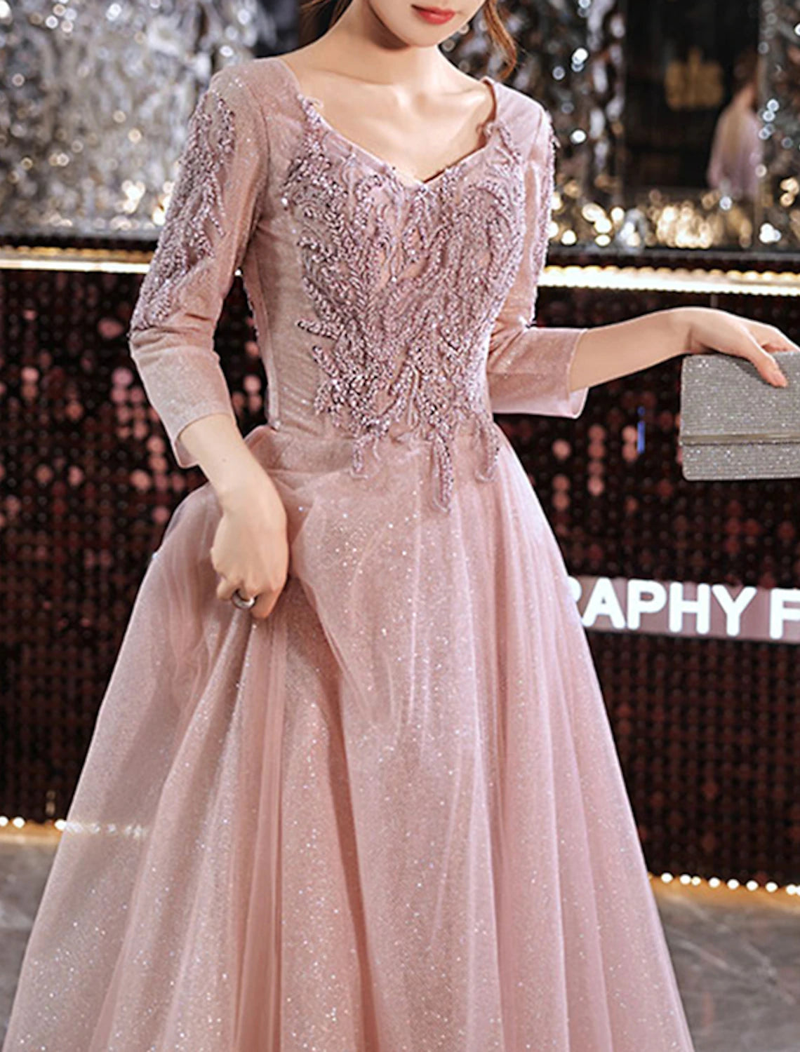 Vestidos de fiesta de corte A, elegantes, para invitados de boda, para graduación, largo hasta el suelo, mangas 3/4, escote en V, encaje con apliques