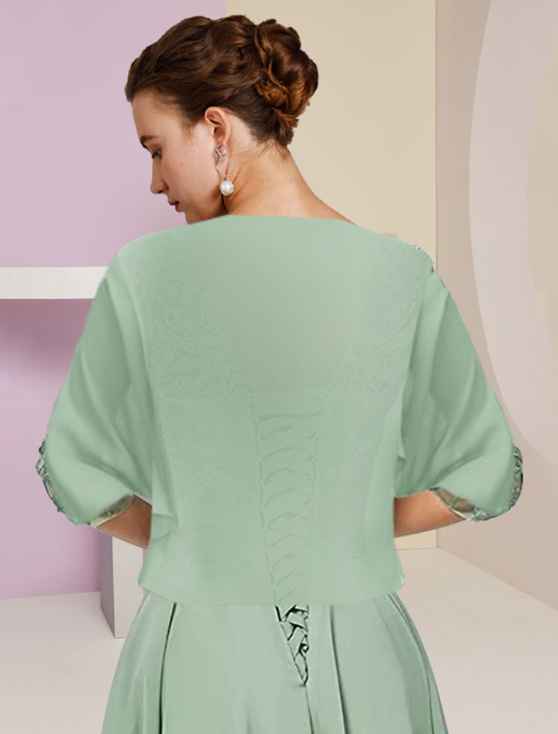 Vestido de dos piezas de corte A para madre de la novia, elegante, formal, para invitada de boda, escote alto bajo, asimétrico, largo hasta la rodilla, de gasa, con encaje, media manga, cruzado, con apliques de cuentas.