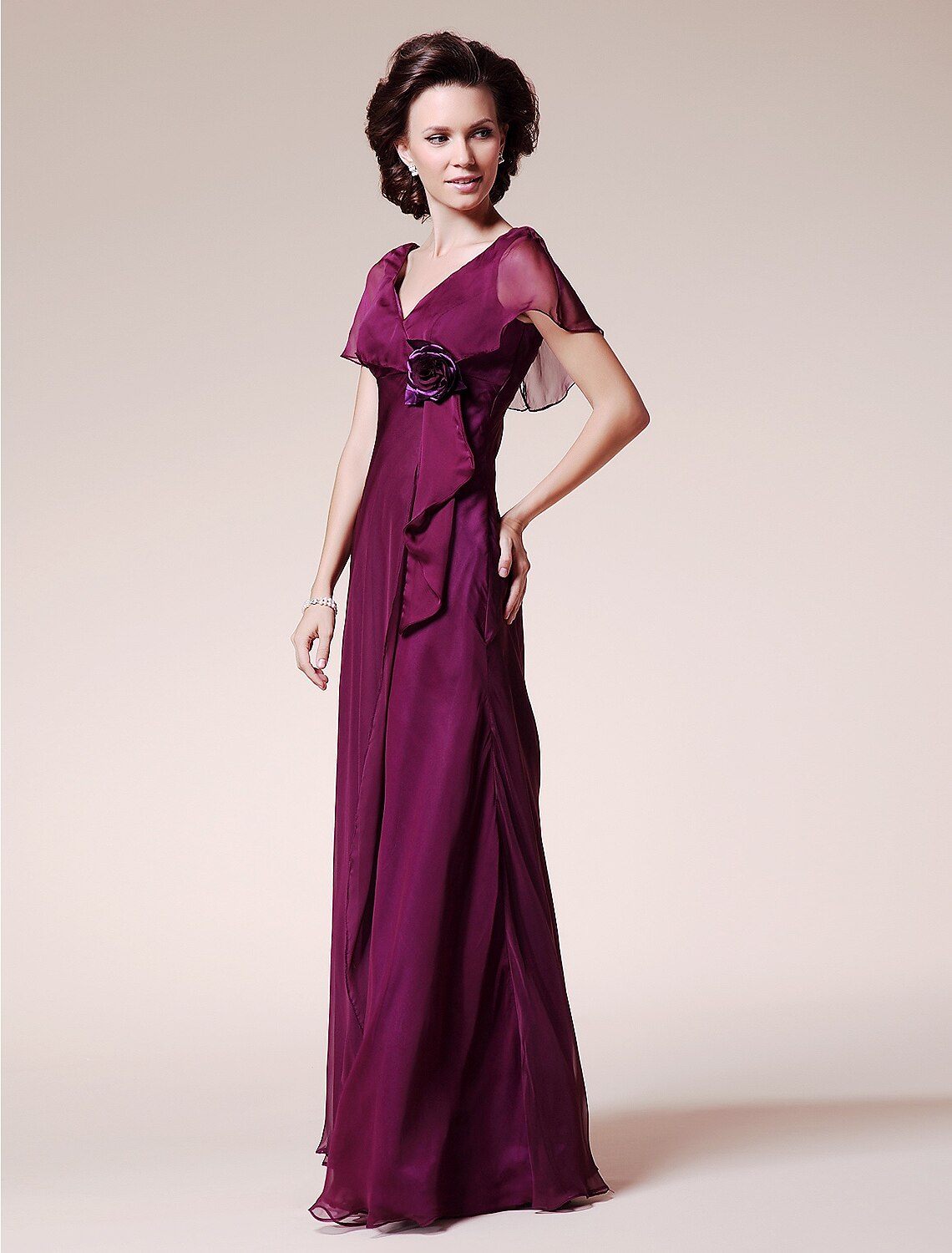 A-Line Mother of the Bride Dress Elegant V Neck Floor Length Chiffon Short Sleeve No with Ruffles Flower