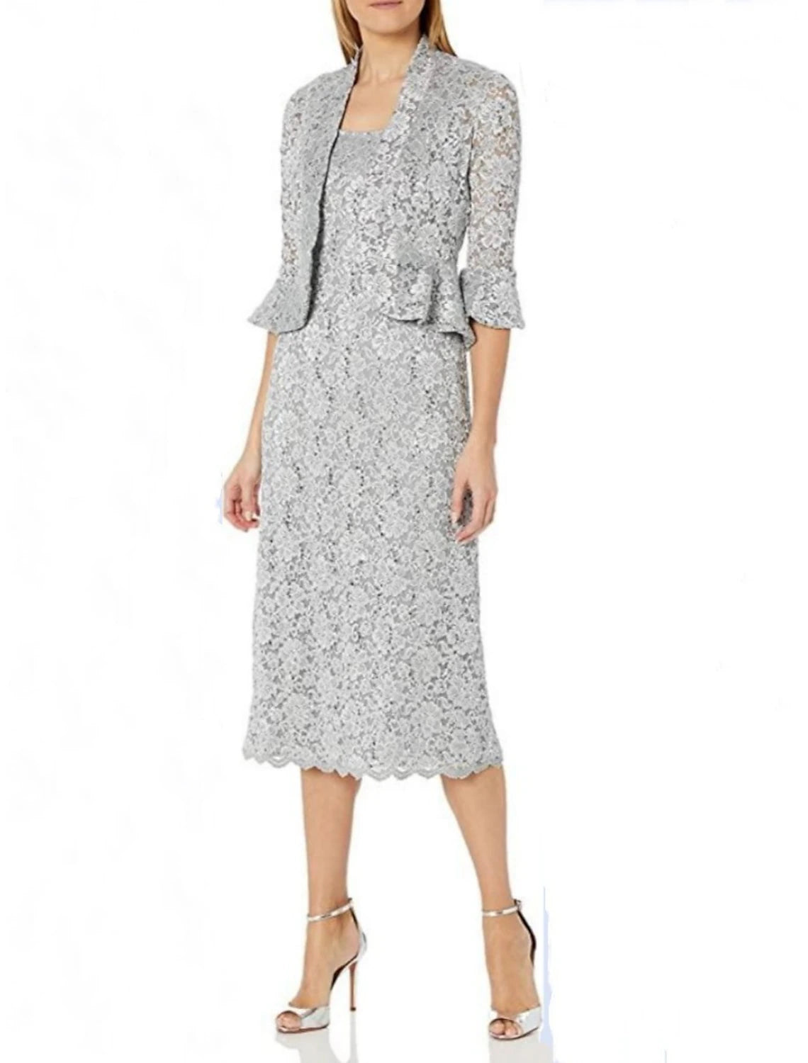 Abito da cerimonia per la madre della sposa in due pezzi, elegante, minimalista, con scollo a barchetta, lunghezza tè, in pizzo, manica a 3/4 con spacco frontale
