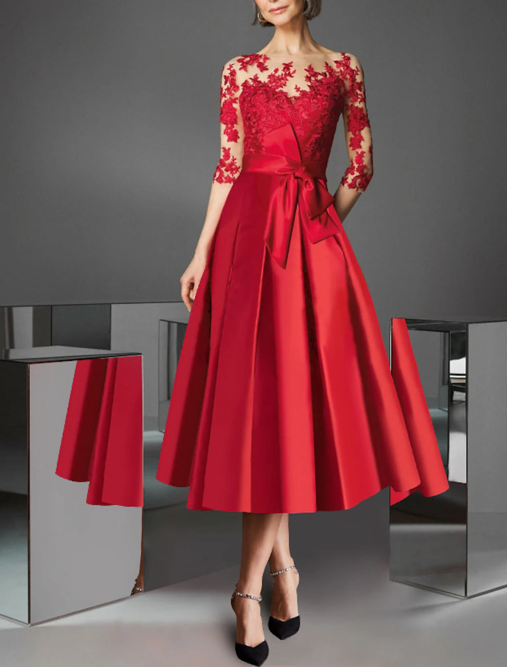 Red Lace A-Line Tea-Length Evening Dress with Bow Waist