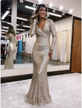 Gold Sequin Long Sleeve V-Neck Mermaid Floor-Length Evening Dress