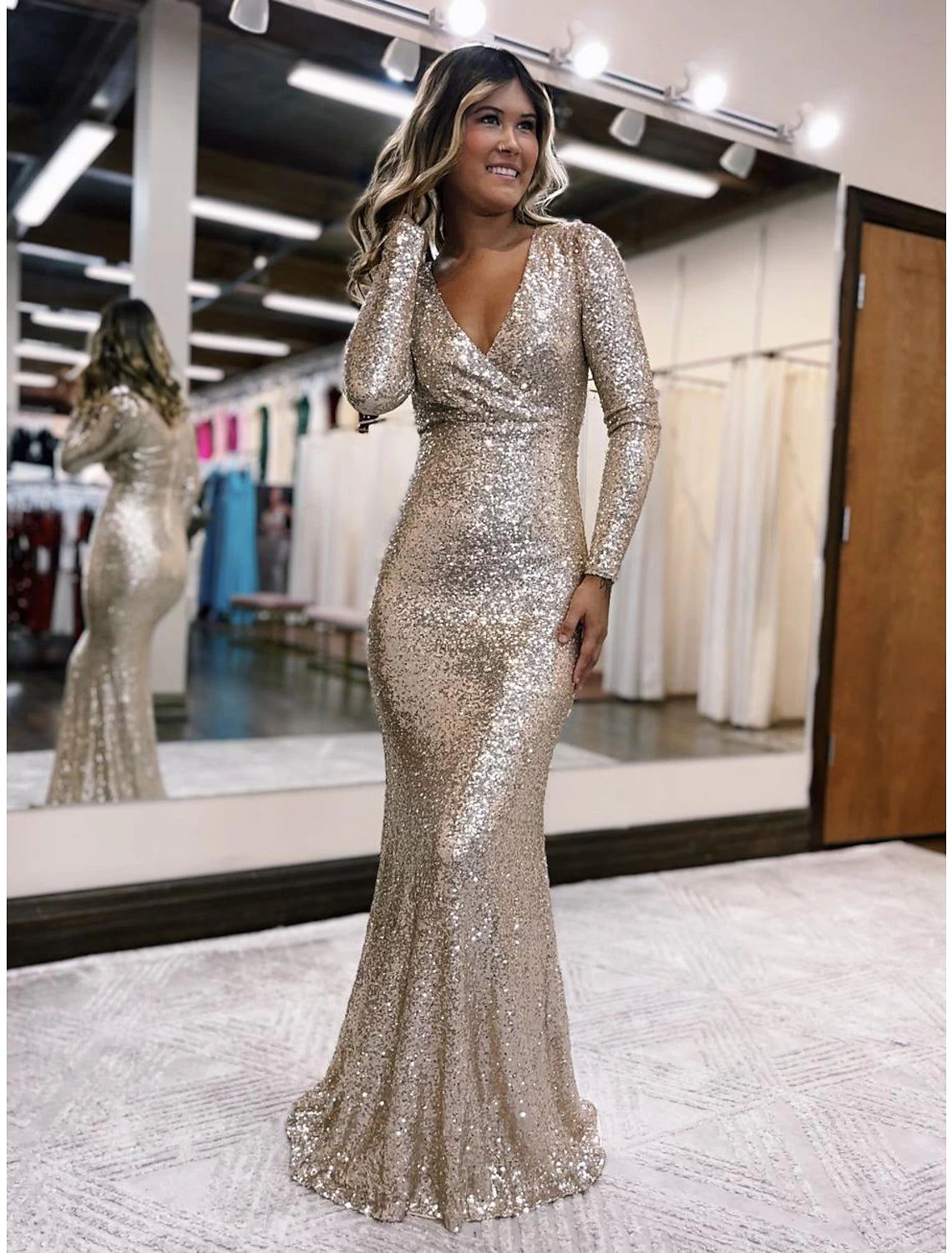 Gold Sequin Long Sleeve V-Neck Mermaid Floor-Length Evening Dress