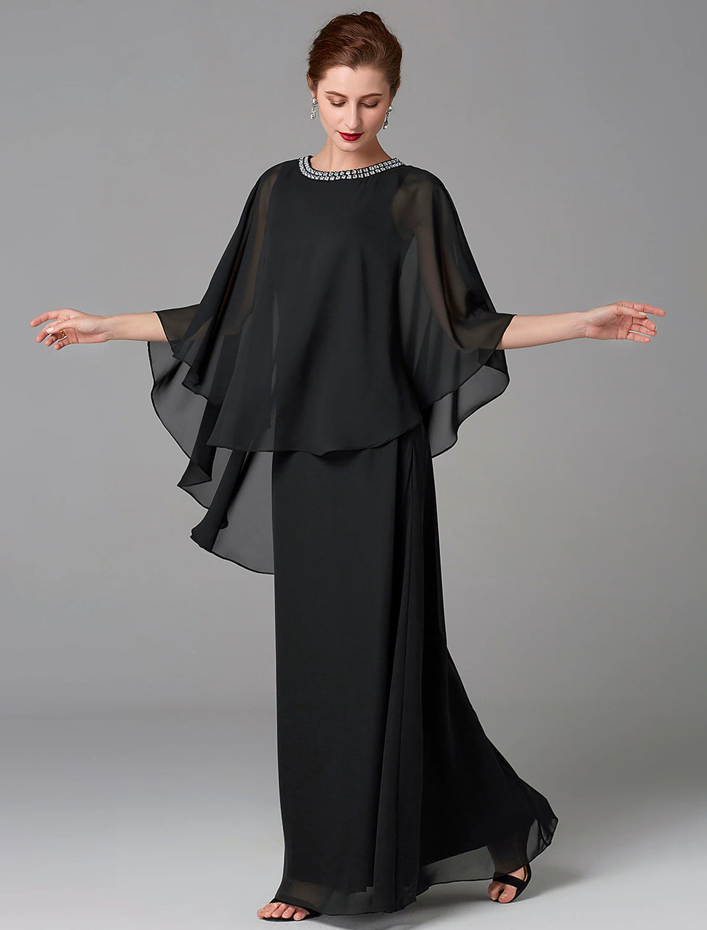 Black Chiffon A-Line Floor-Length Evening Dress - Beaded Scoop Neck
