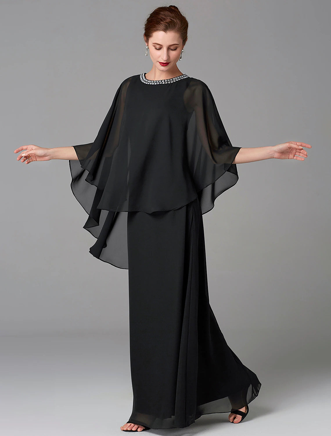 Black Chiffon A-Line Floor-Length Evening Dress - Beaded Scoop Neck