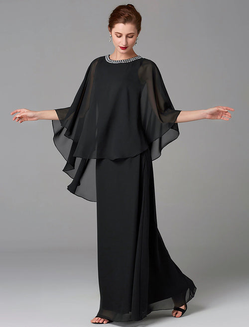 Black Chiffon A-Line Floor-Length Evening Dress - Beaded Scoop Neck