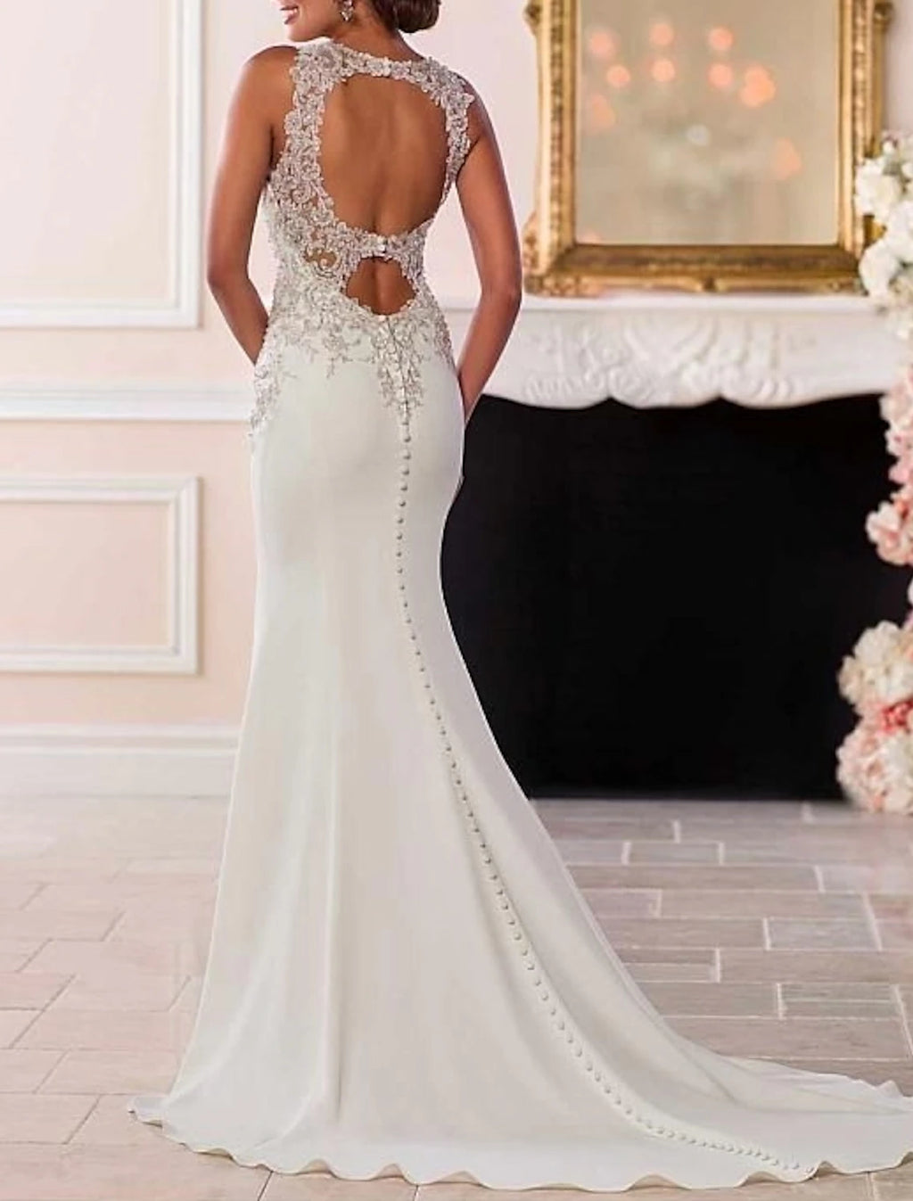 Ivory Satin Sheath/column Floor-Length Dress with Halter neckline and Beaded Lace Bodice