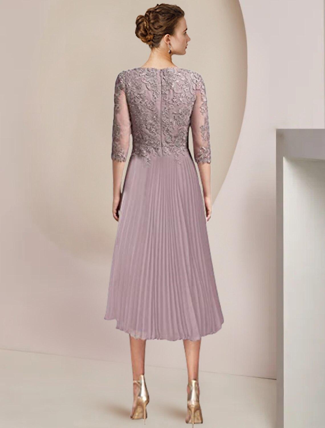 Vestido de madre de la novia de dos piezas, corte A, para invitada de boda formal, elegante, escote redondo, largo hasta la rodilla, encaje, manga 3/4, cruzado incluido, con pliegues y apliques