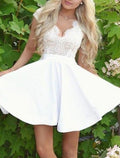 Vestidos de fiesta de corte A, vestidos blancos cortos, vestido de graduación, fiesta, corto/mini, manga corta, cuello en V, satén con apliques