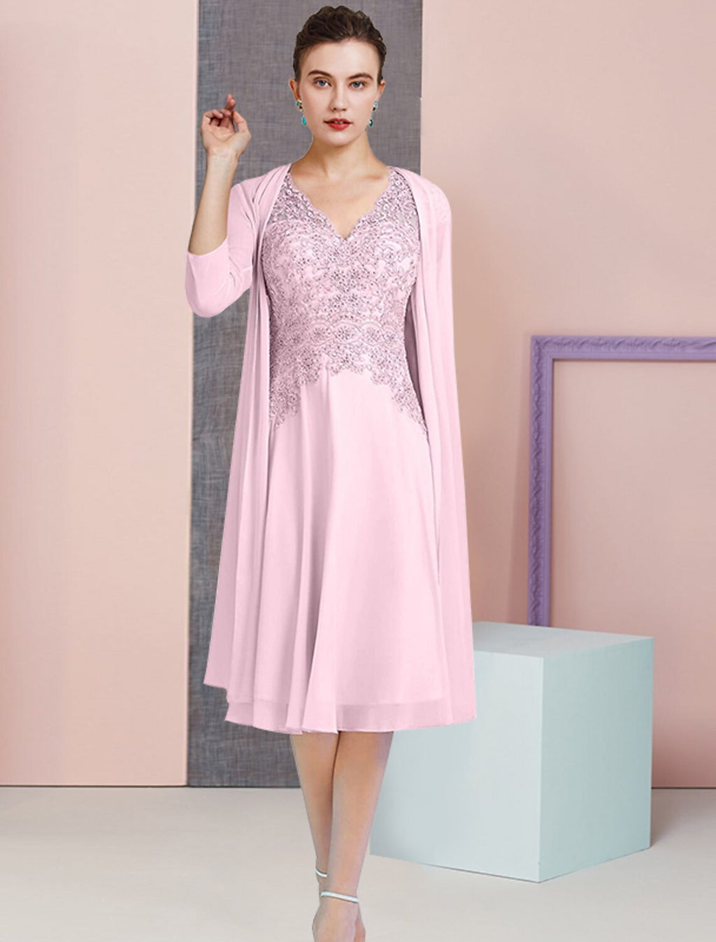 Elegant Sky Blue Chiffon A-Line Knee-Length Mother of the Bride Dress with Embellished Bodice & Cardigan