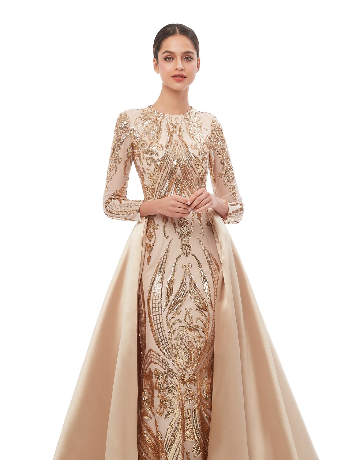 Vestido de noche formal elegante estilo sirena/trompeta, estilo vintage, con escote joya, manga larga y lentejuelas desmontables.