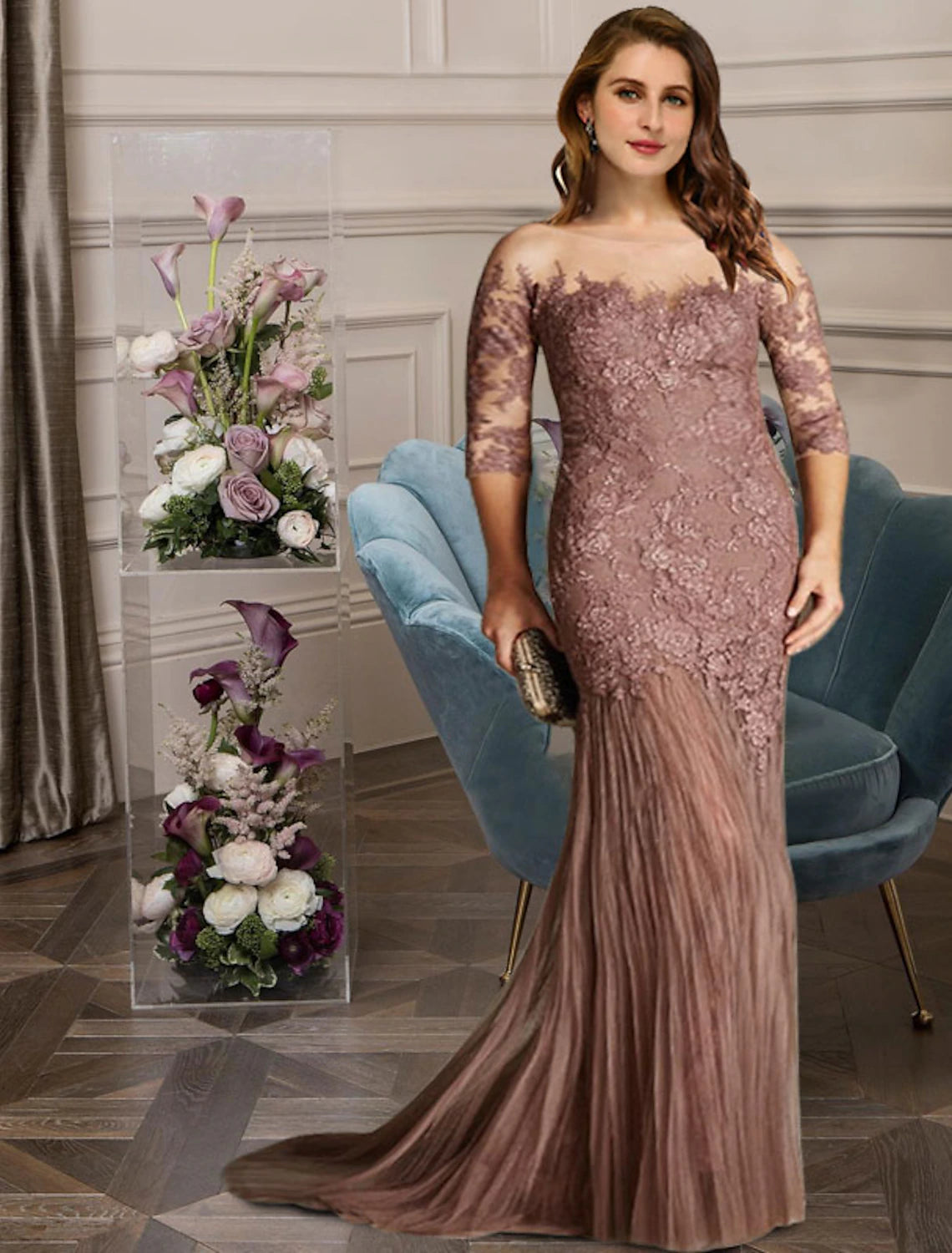 Vestidos de sirena/trompeta para madre de la novia, talla grande, con curvas ocultas en el vientre, elegantes, formales, con cola larga/cepillo, sin mangas, cuello joya, encaje con pliegues y apliques