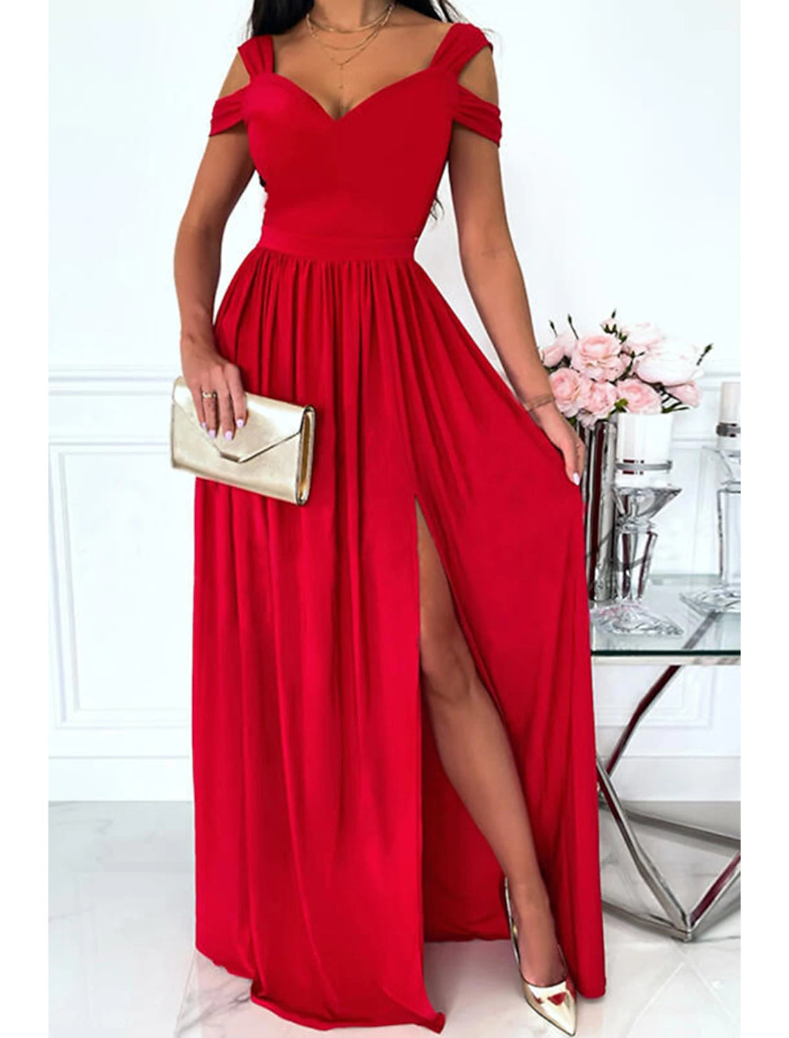 Women‘s Cold Shoulder V Neck Long Short Sleeve Pure Color Romantic Party Homecoming Dress
