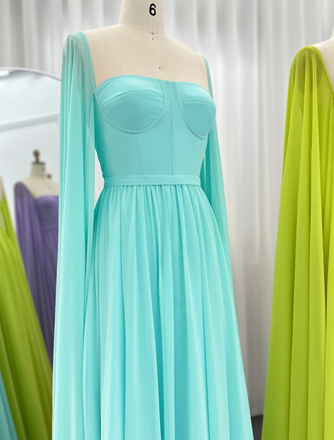 Emerald Chiffon A-Line Bridesmaid Floor-Length Dress with Square Neck & Cape Sleeves