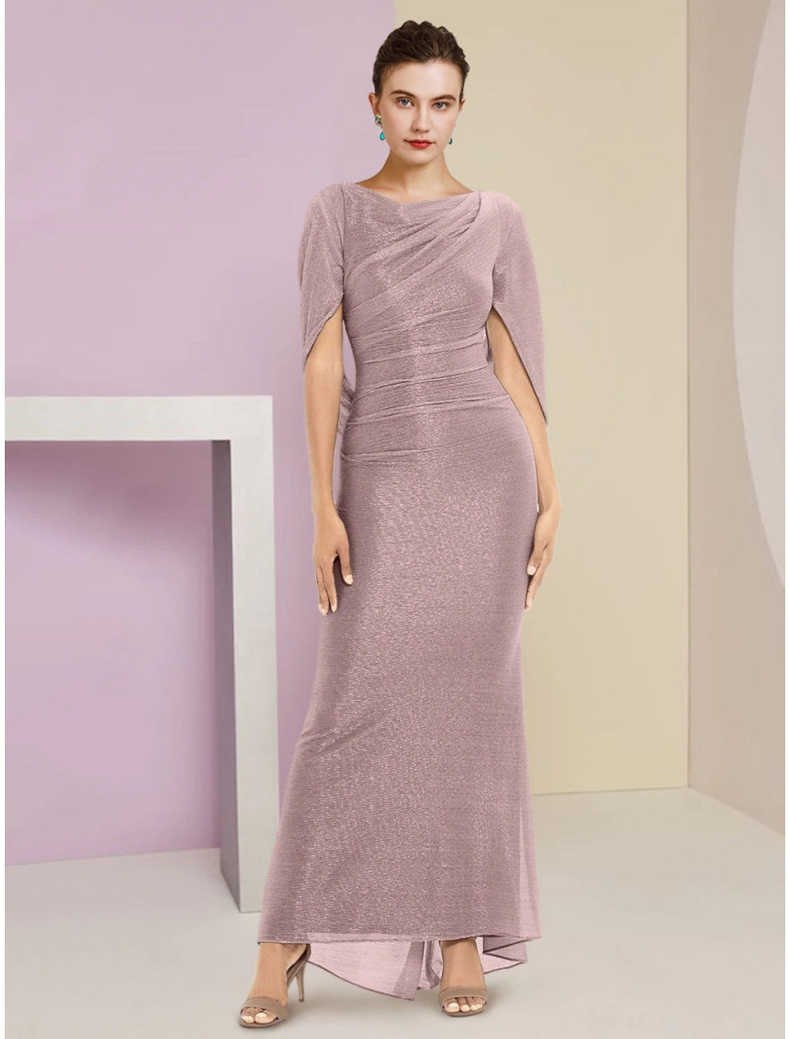 Vestido de sirena/trompeta para madre de la novia, para invitada de boda, brillo y resplandor, elegante, escote redondo, largo hasta los tobillos, gasa, media manga con fruncido de lentejuelas, color liso