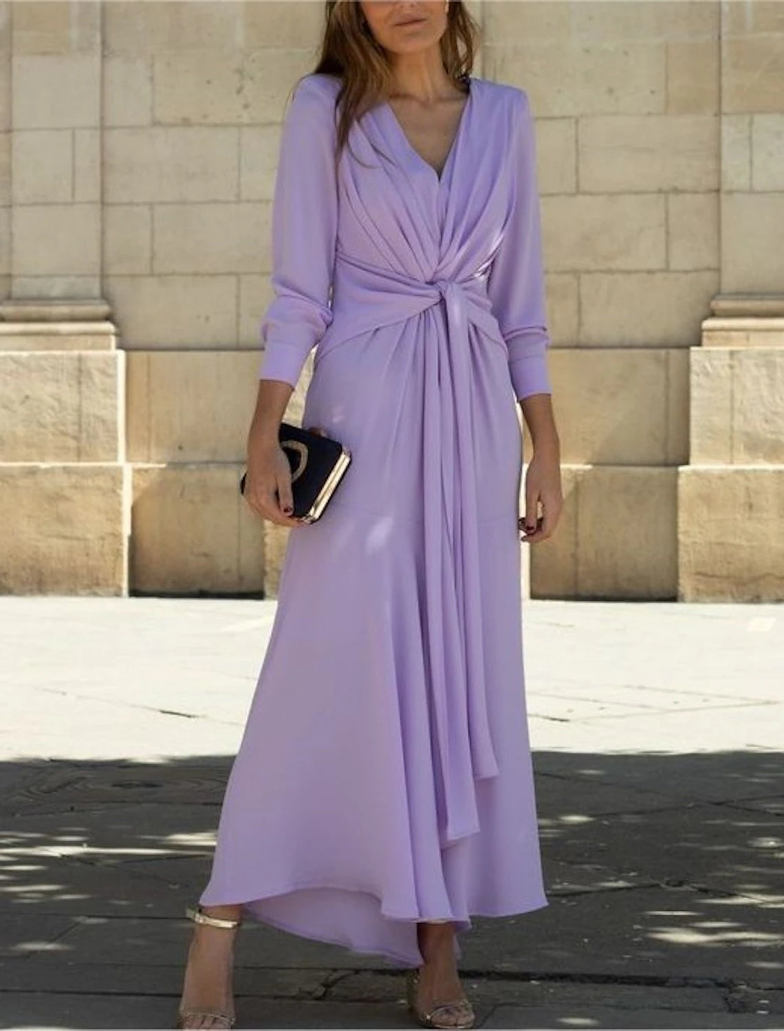 Abito da cerimonia per la madre della sposa, a trapezio, elegante, con scollo a V, lunghezza alla caviglia, in chiffon, maniche a 3/4, con arricciature, tinta unita