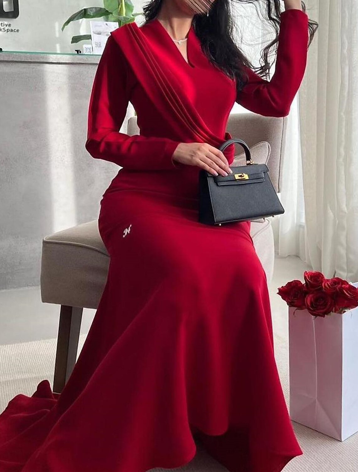 Mermaid Evening Gown Sparkle & Shine Dress Christmas Red Green Dress Sweep / Brush Train Long Sleeve V Neck  Fabric with Ruched 2025