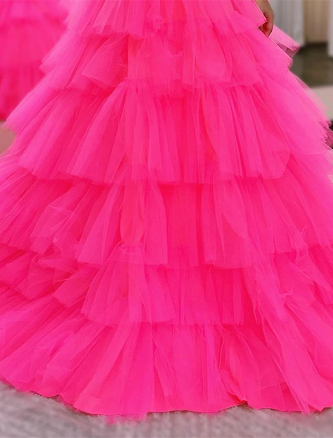 Pink Tulle Sweetheart Ball Gown Floor-Length Dress with Tiered Skirt
