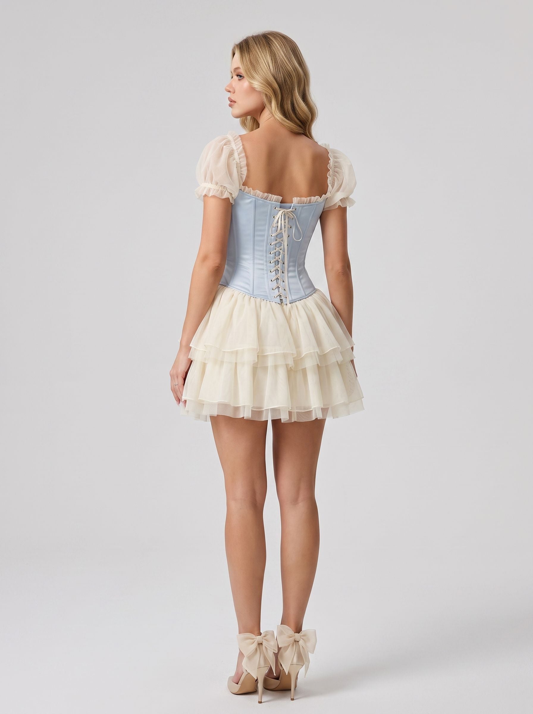 Light Blue and Ivory Satin & Tulle a-line sweetheart lace-up-back mini Dress Back View - Jimiss