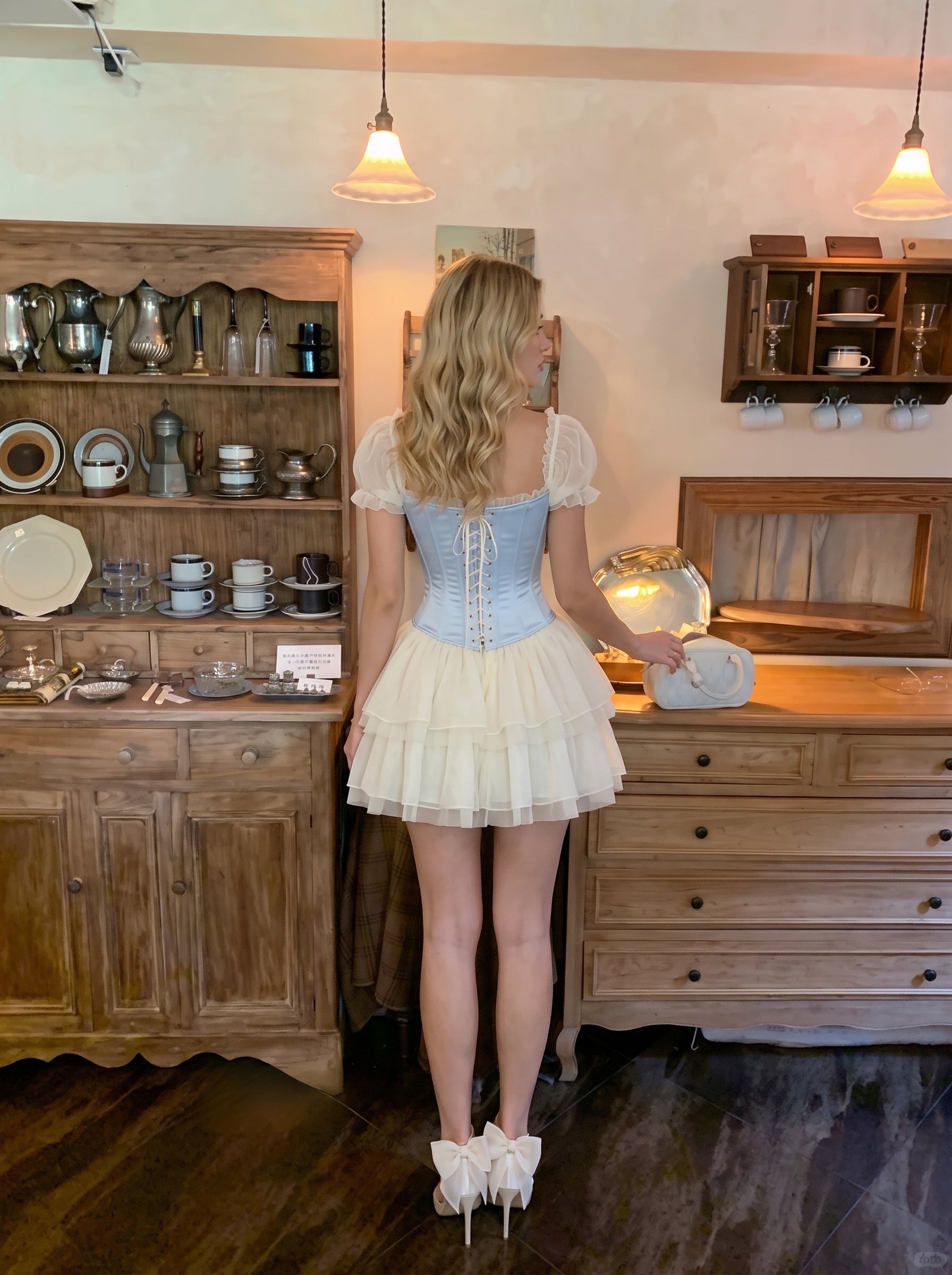 Light Blue and Ivory Satin & Tulle a-line sweetheart lace-up-back mini Dress - Jimiss