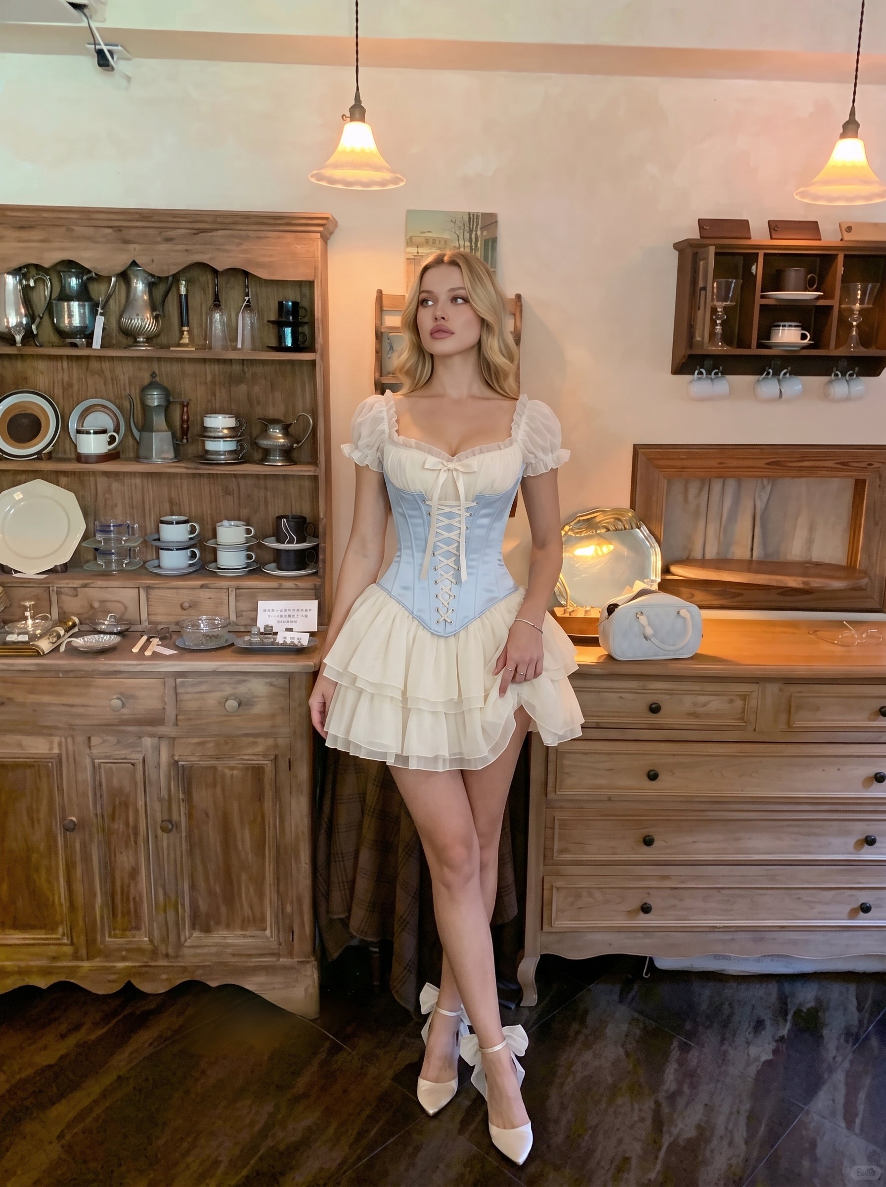 Light Blue and Ivory Satin & Tulle a-line sweetheart lace-up-back mini Dress - Jimiss