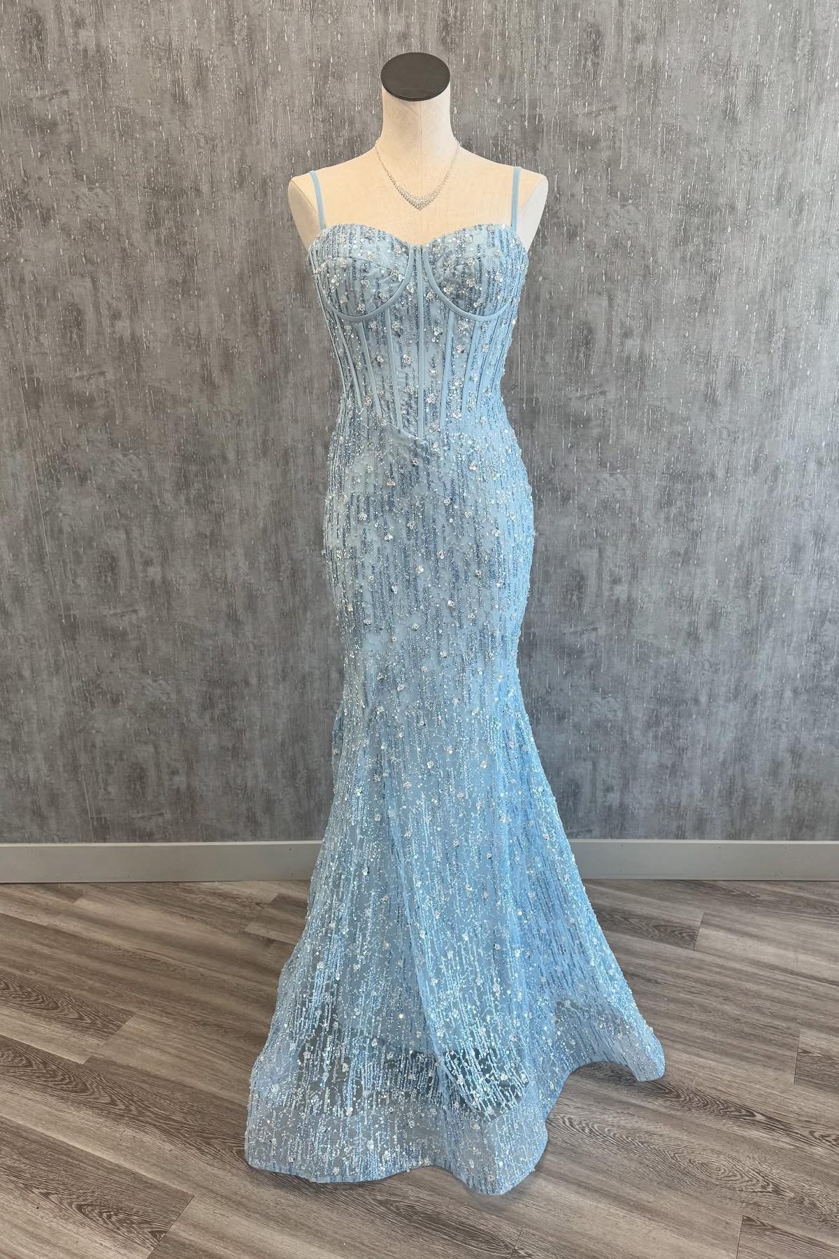 Gorgeous Light Blue Beaded Tulle Mermaid Sweetheart Spaghetti Straps Zipper Back Long Prom Dress